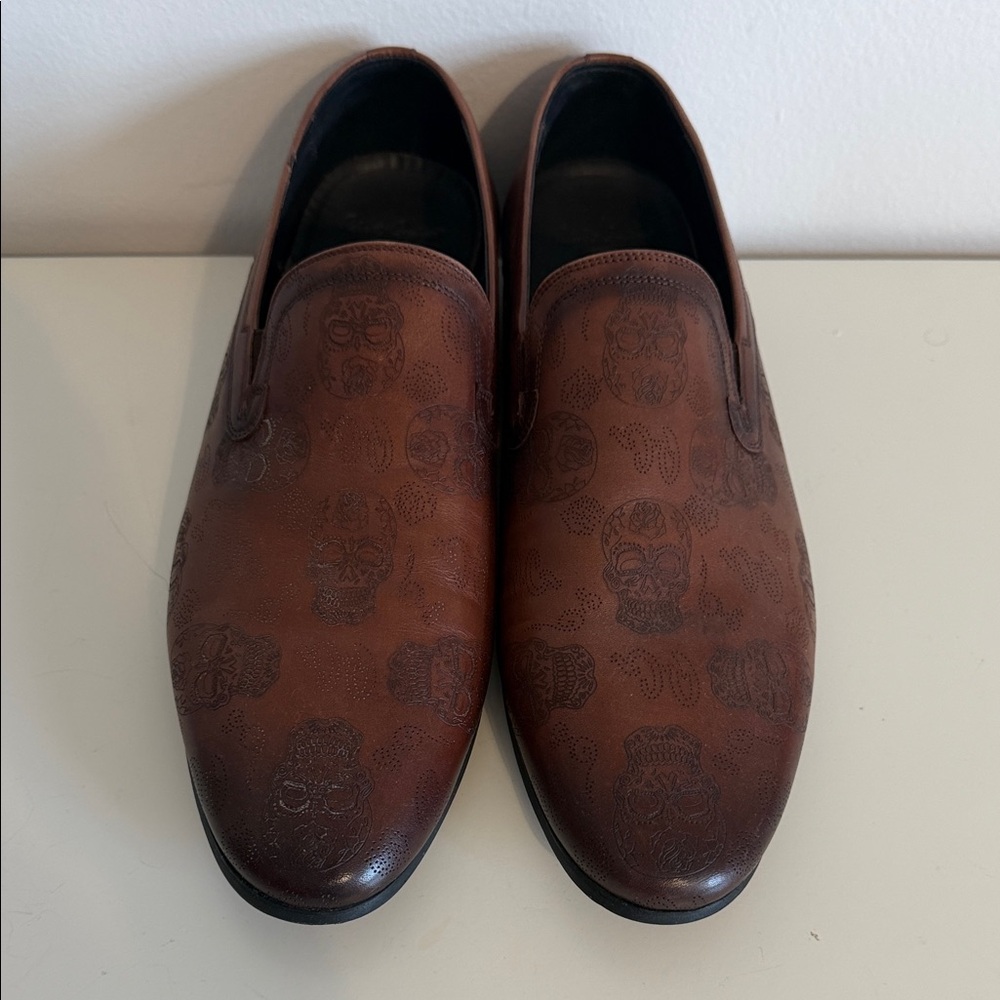 Men's ROBERT GRAHAM Jupiter Brown Leather Skull Print Slip-On Dress Shoes, SZ 11